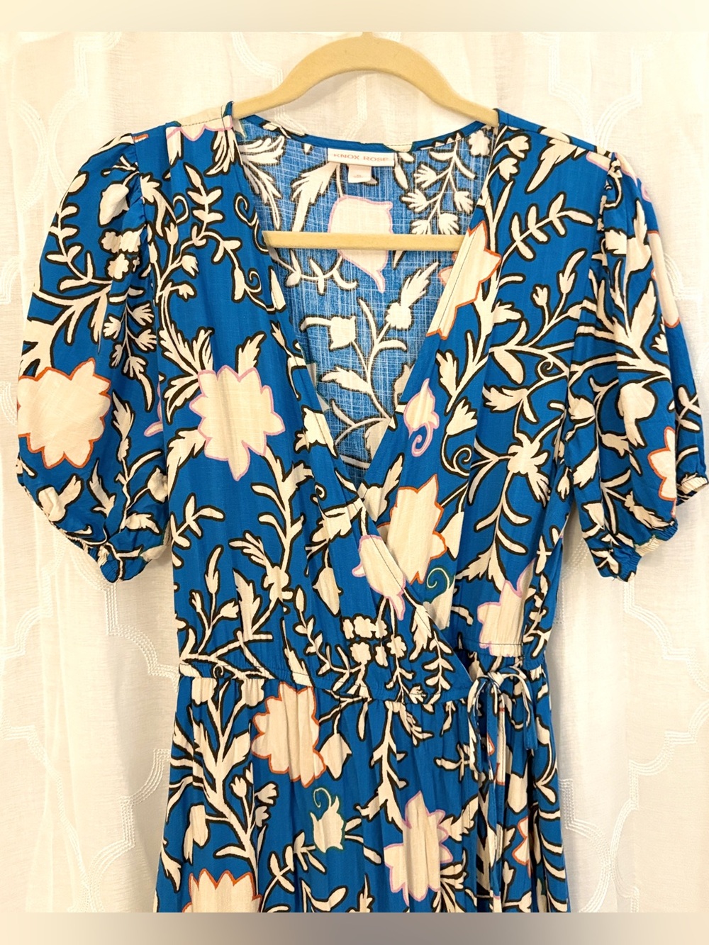Knox Rose Blue Floral Wrap Dress Boho Ruffle Tie Waist Midi Dress Size Medium - Picture 12 of 16